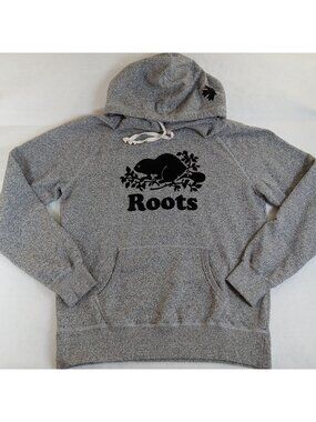 Roots Canada Women's LARGE Heather Grey Beaver Logo Pullover Hoodie Sweatshirt